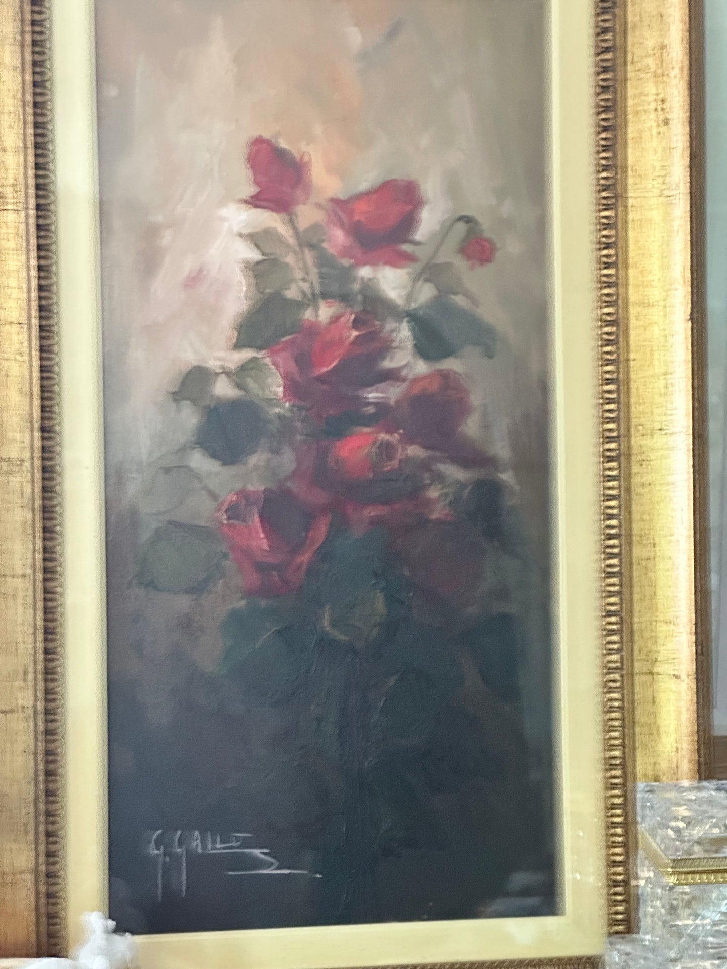 Vintage Italian Oil Painting Red Roses Signed G. Gallo Framed Floral Still Life