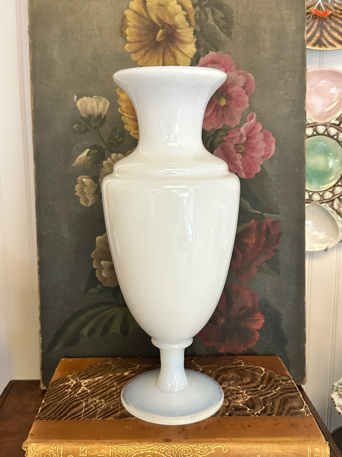 11.5" Antique Sevres France Opaline Glass Vase White Opaline Over Clear Bulle de Savon Foot