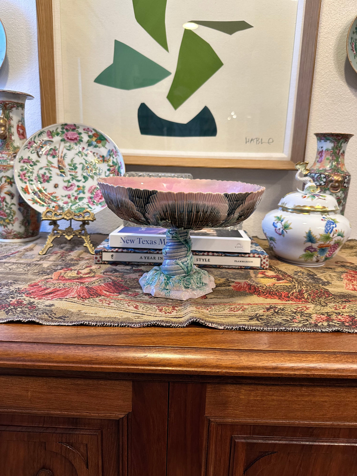 Antique Etruscan Majolica Pedestal Compote Bowl, Griffin Smith & Hill GSH, Seaweed Shell, Circa 1880