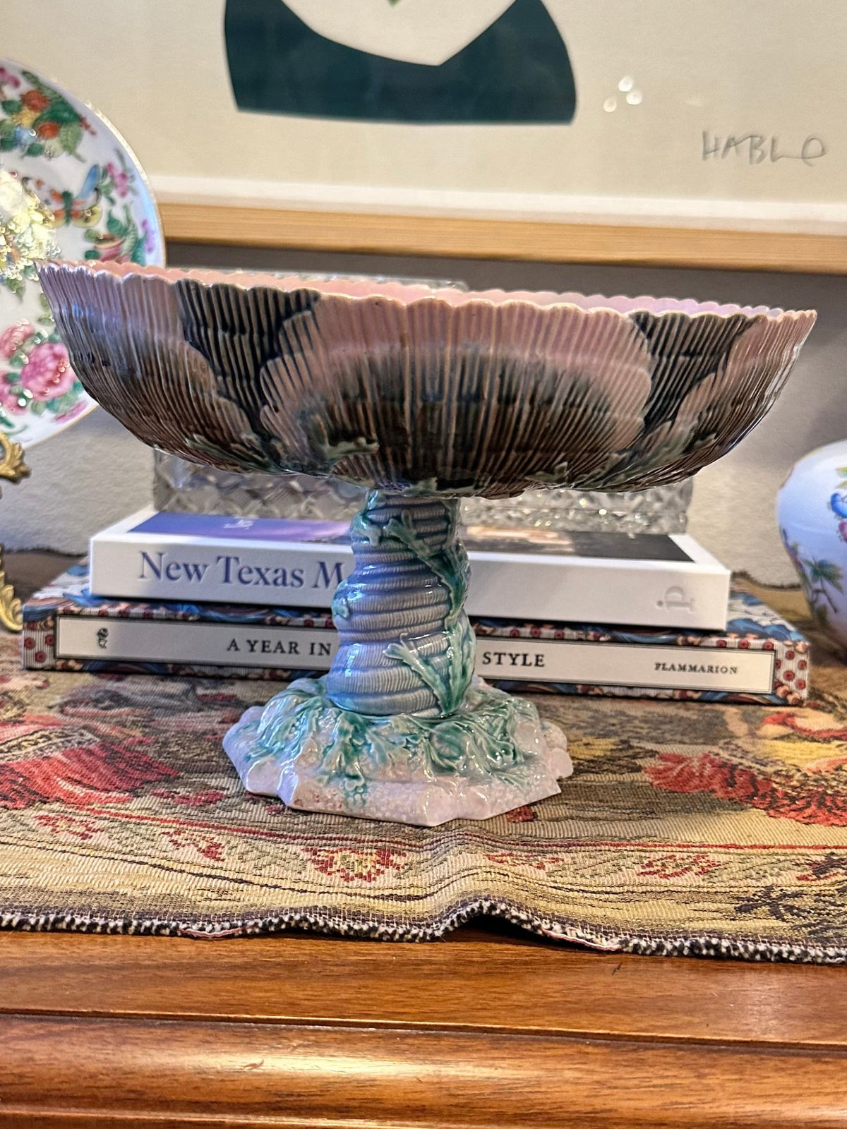Antique Etruscan Majolica Pedestal Compote Bowl, Griffin Smith & Hill GSH, Seaweed Shell, Circa 1880