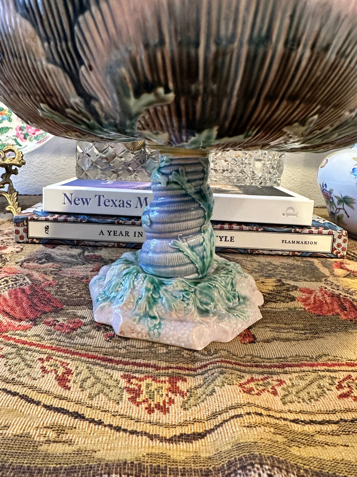 Antique Etruscan Majolica Pedestal Compote Bowl, Griffin Smith & Hill GSH, Seaweed Shell, Circa 1880