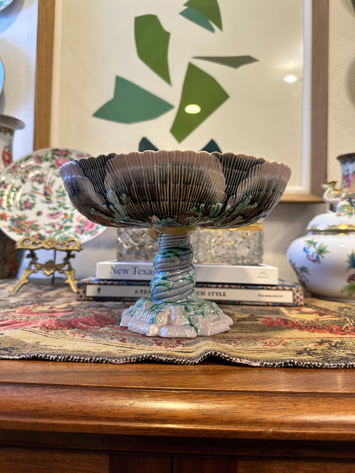 Antique Etruscan Majolica Pedestal Compote Bowl, Griffin Smith & Hill GSH, Seaweed Shell, Circa 1880