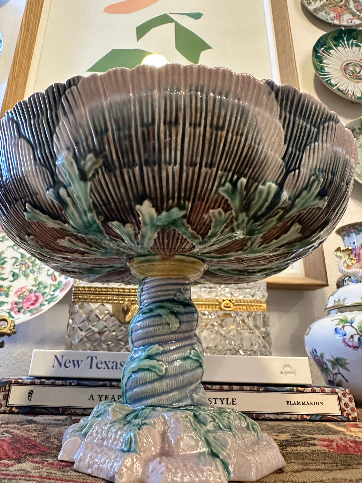 Antique Etruscan Majolica Pedestal Compote Bowl, Griffin Smith & Hill GSH, Seaweed Shell, Circa 1880