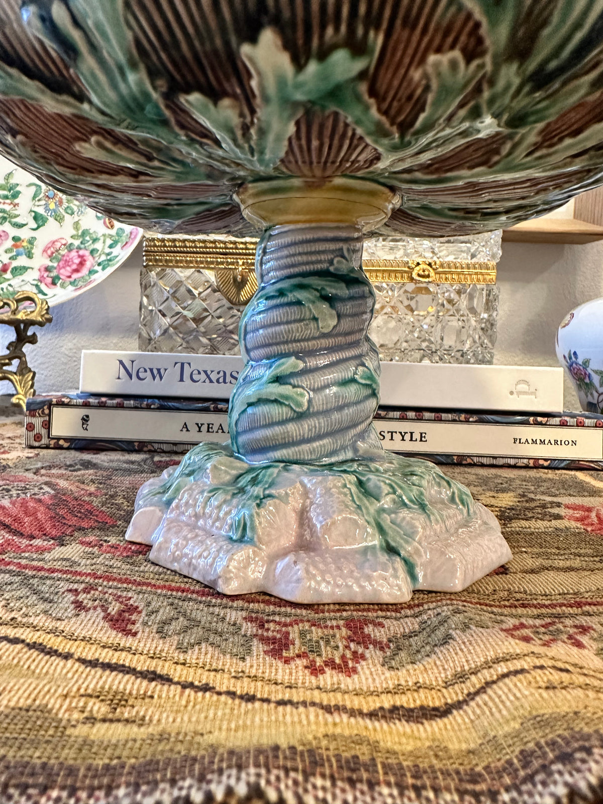 Antique Etruscan Majolica Pedestal Compote Bowl, Griffin Smith & Hill GSH, Seaweed Shell, Circa 1880
