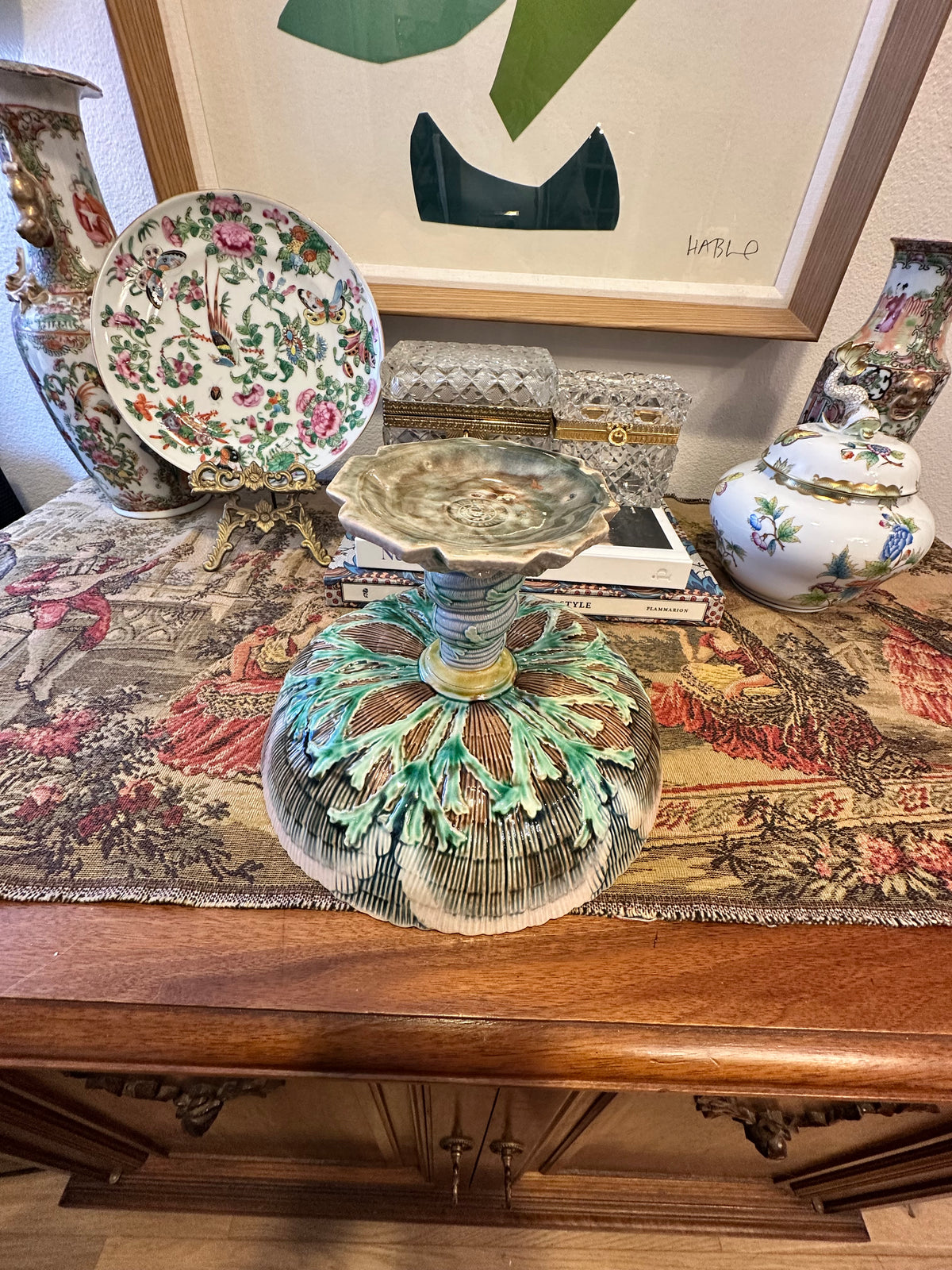 Antique Etruscan Majolica Pedestal Compote Bowl, Griffin Smith & Hill GSH, Seaweed Shell, Circa 1880