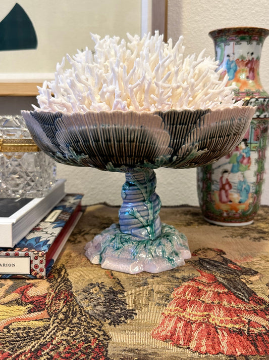 Antique Etruscan Majolica Pedestal Compote Bowl, Griffin Smith & Hill GSH, Seaweed Shell, Circa 1880