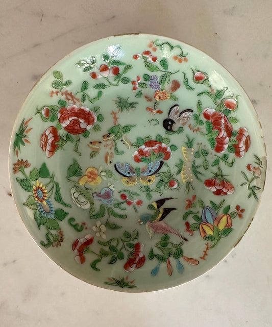 6" Antique Celadon Chinese Famille Rose Plate / Shallow Bowl – Birds, Butterflies & Florals – 19th Century