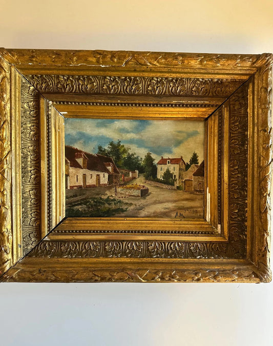 1897 French Village Street Scene Painting – Signed “AM,” Original Gilt Frame