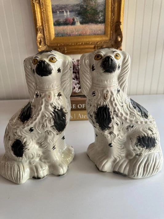 Antique Staffordshire Black & White Mantle Dogs Pair – 9.5”