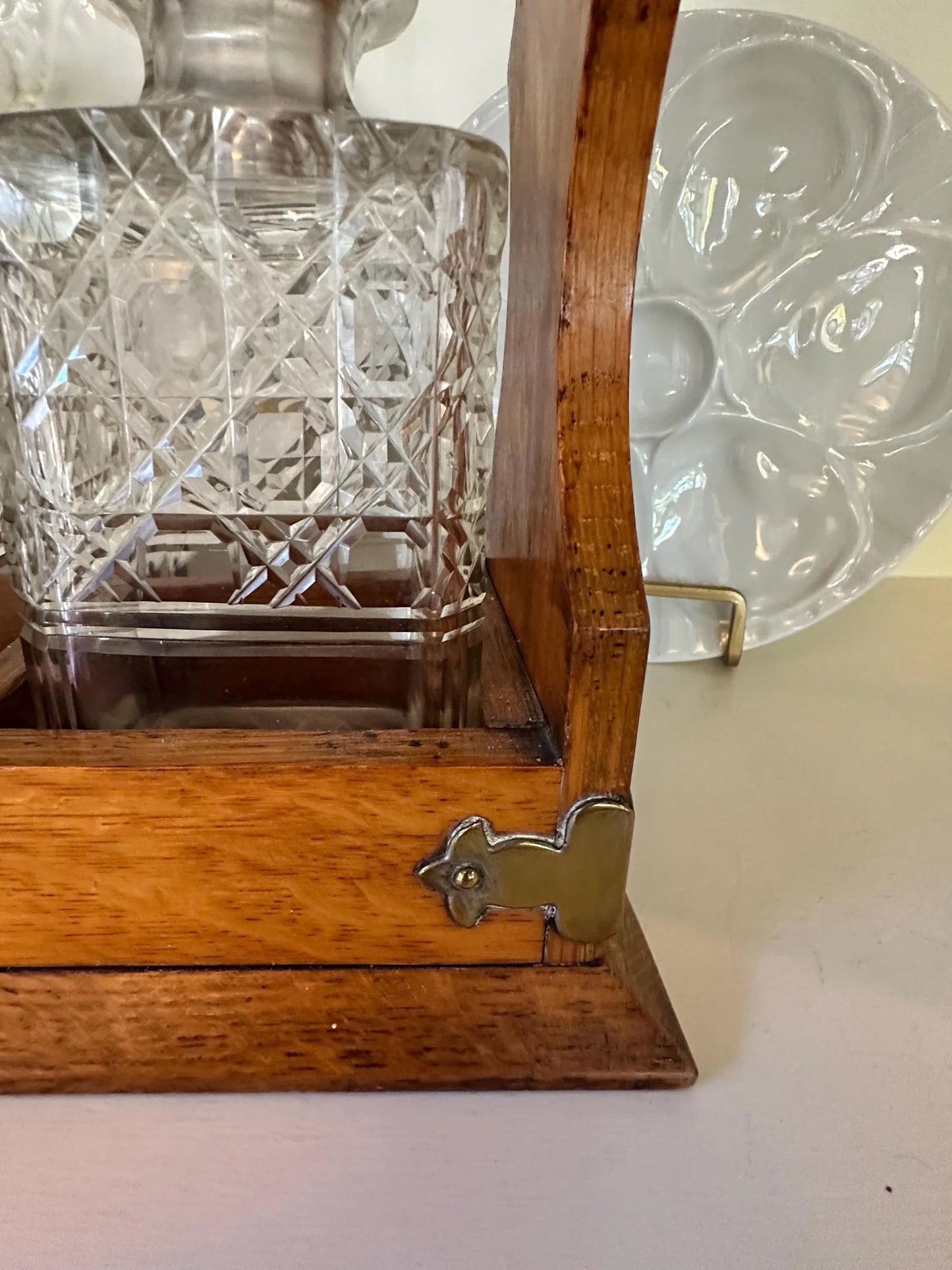 Antique English Oak and Brass Tantalus with Three Cut Glass Decanters