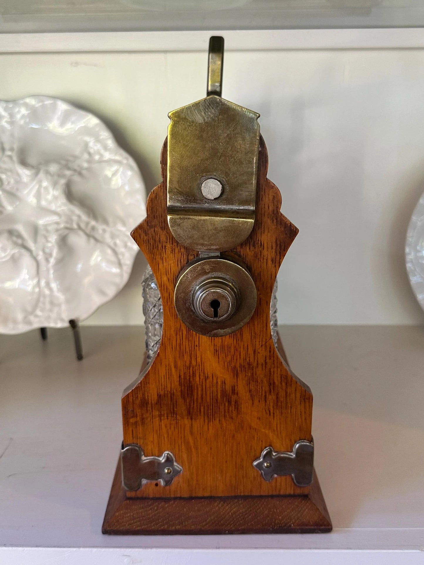 Antique English Oak and Brass Tantalus with Three Cut Glass Decanters