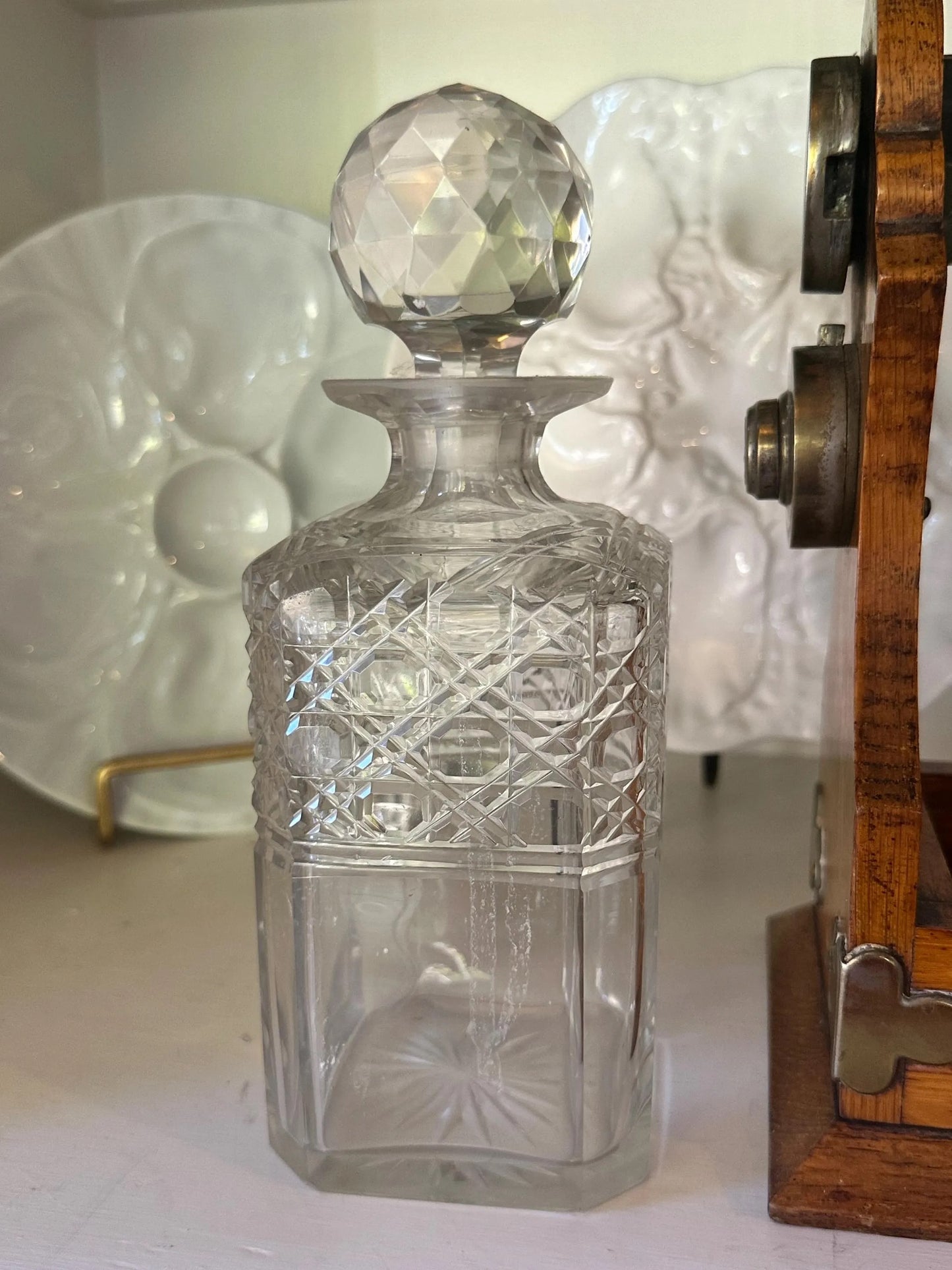 Antique English Oak and Brass Tantalus with Three Cut Glass Decanters